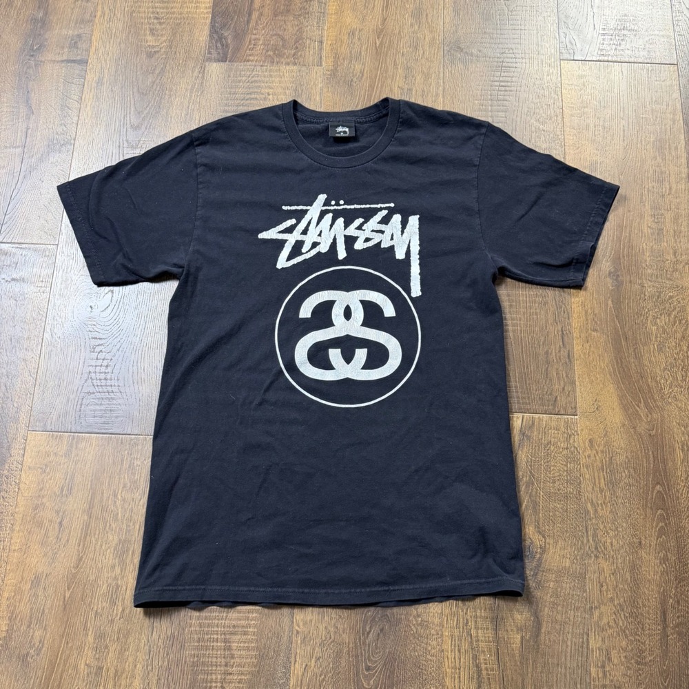 Stussy SS Link Logo Graphic T-Shirt Mens Medium Black Streetwear Y2K Tee